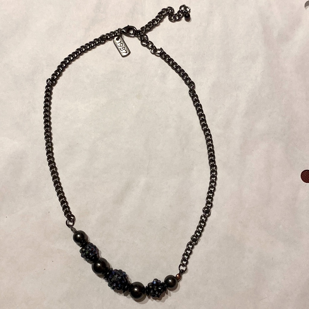 Aero 1987 Necklace Gunmetal & Crystals Aprox 17”